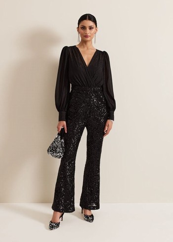 Phase Eight Milena Sequin Jumpsuit Black USA | 2108736-QC